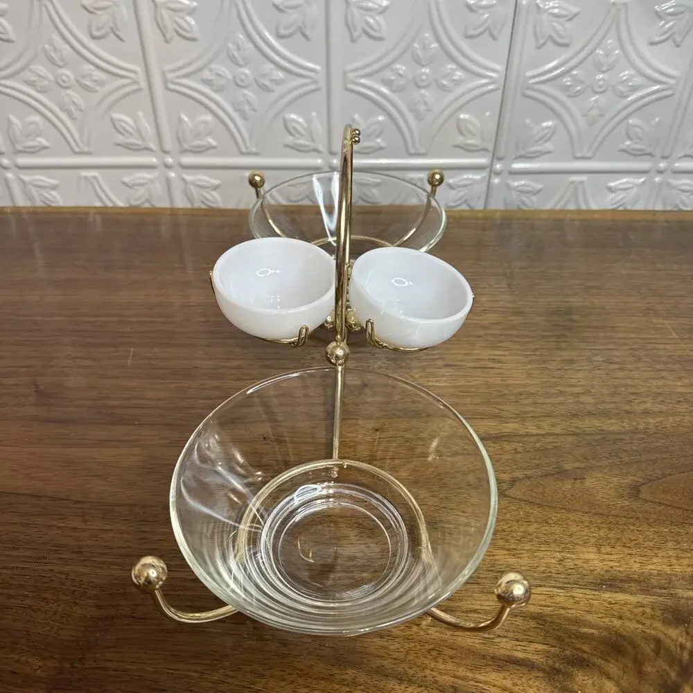 Vintage Libbey MCM Glass Gold Relish Condiment 4 Bowl Set Metal Gold tone Caddy